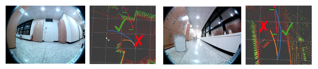 Real-robot examples comparing a constant-scale trajectory with a PathLift trajectory around obstacles